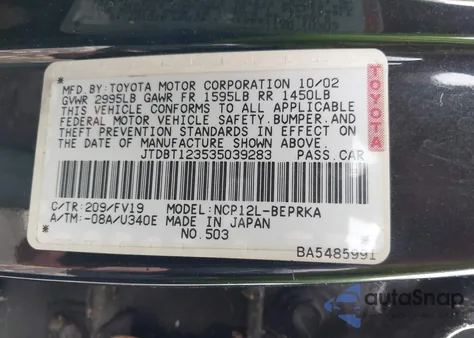 2003 Toyota Echo из США, поврежденный, VIN JTDBT123535039283